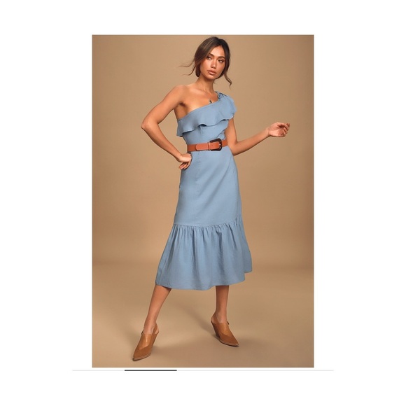 Lulus | One Shoulder Ruffle Midi Dress | Blue | Small - Picture 1 of 11